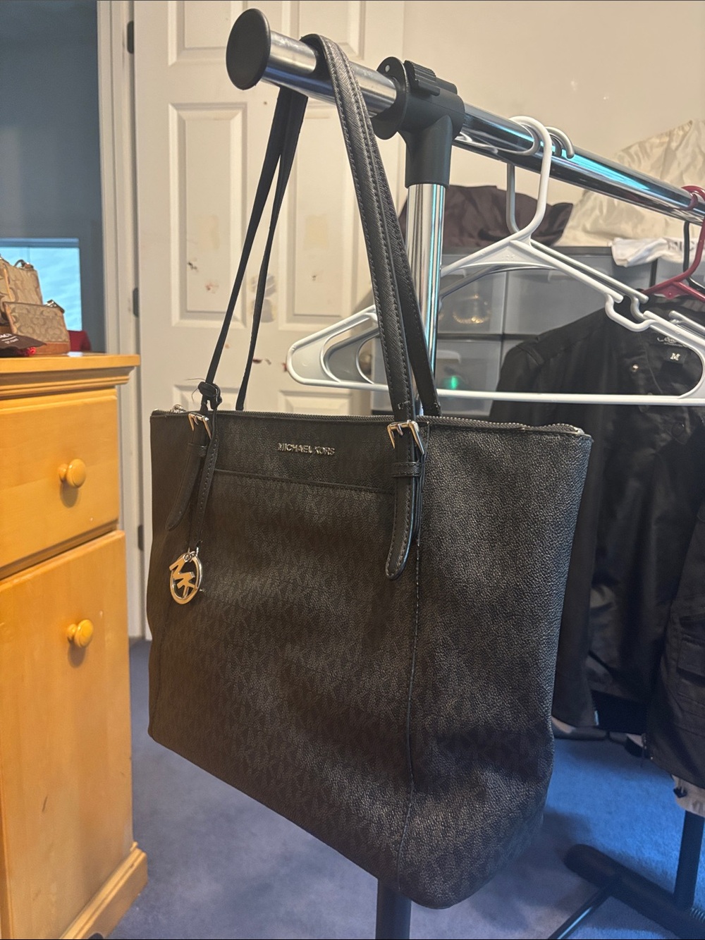 Michael Kors Black MK Logo Tote with Gold Charm